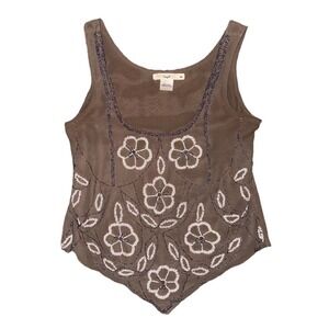 Hazel Brown & Silver/White Floral Design Beading V Neck Cropped Tank Top Size XS